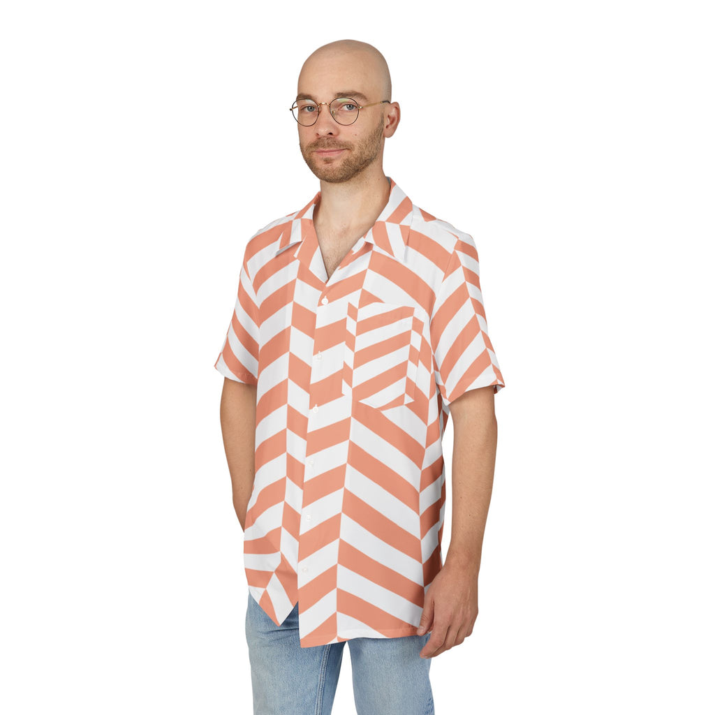 Men's Hawaiian Shirt Ritmo Geométrico en Coral y Blanco
