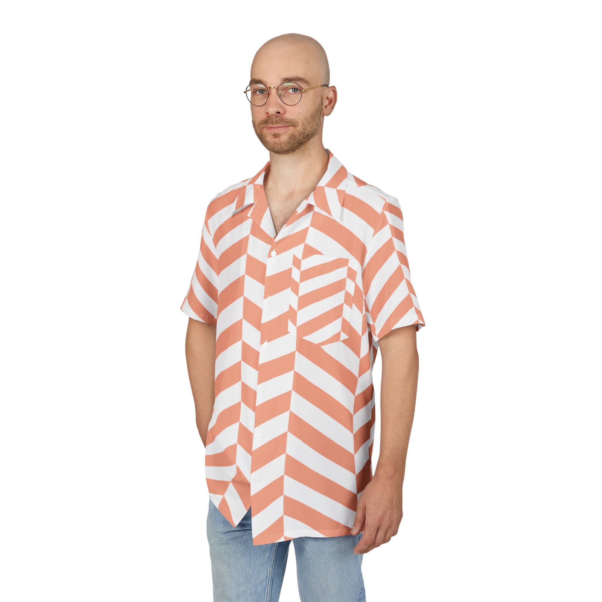 Men's Hawaiian Shirt Ritmo Geométrico en Coral y Blanco