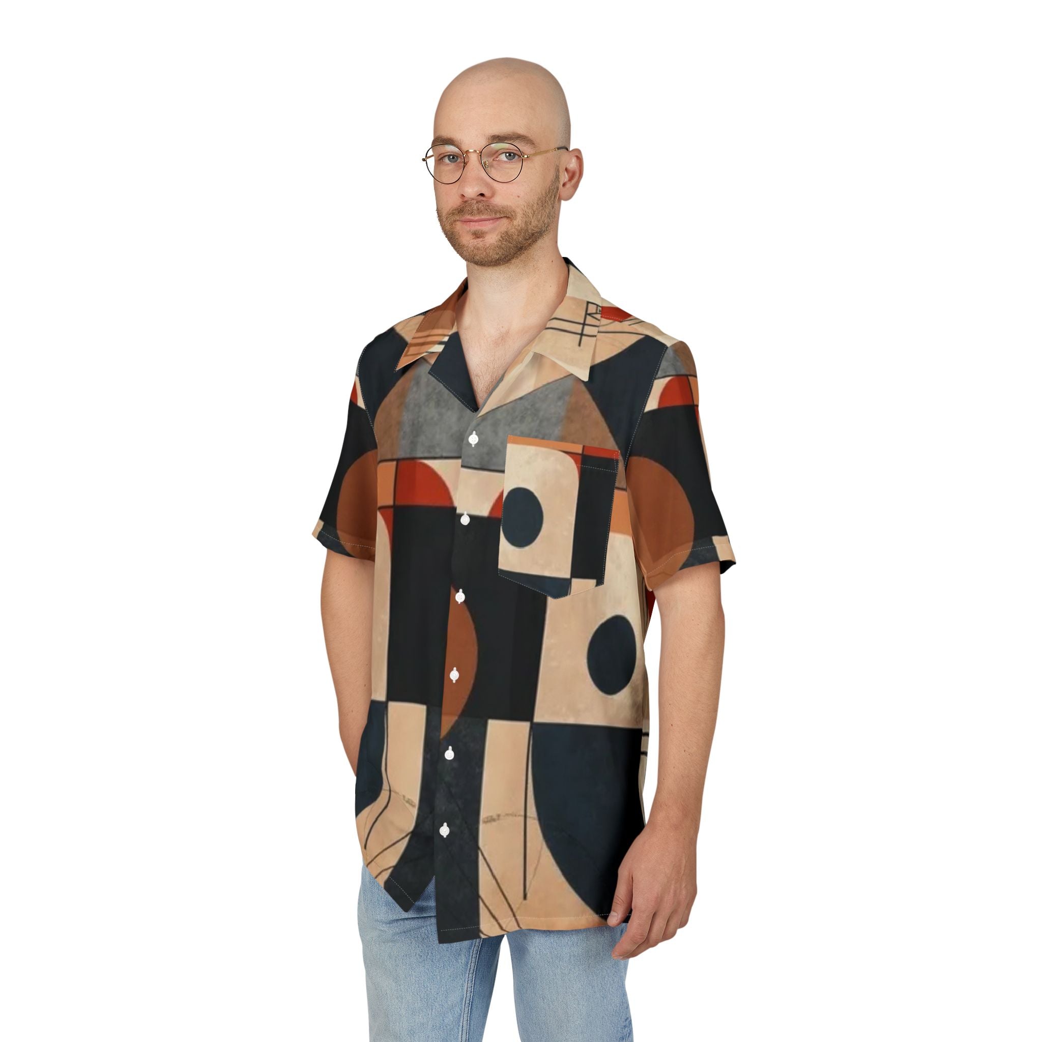 Men's Hawaiian Shirt Evolución Geométrica en Tonos Tierra y Azul