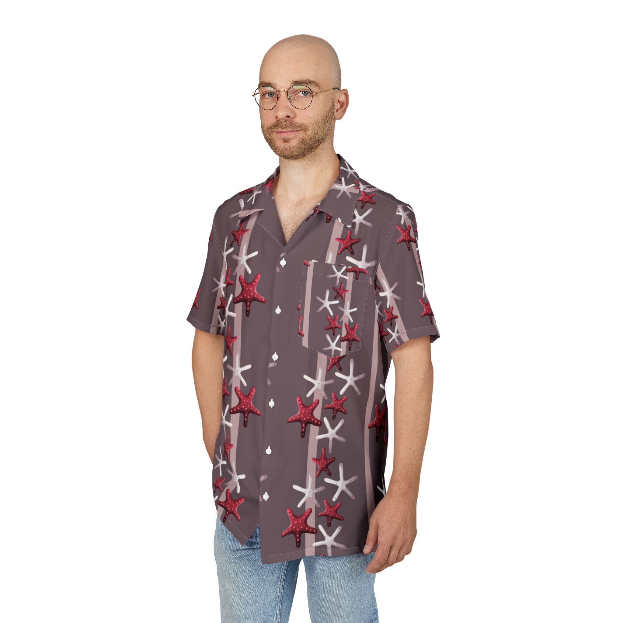 Men's Hawaiian Shirt Estrellas marinas en patrón de rayas armoniosas