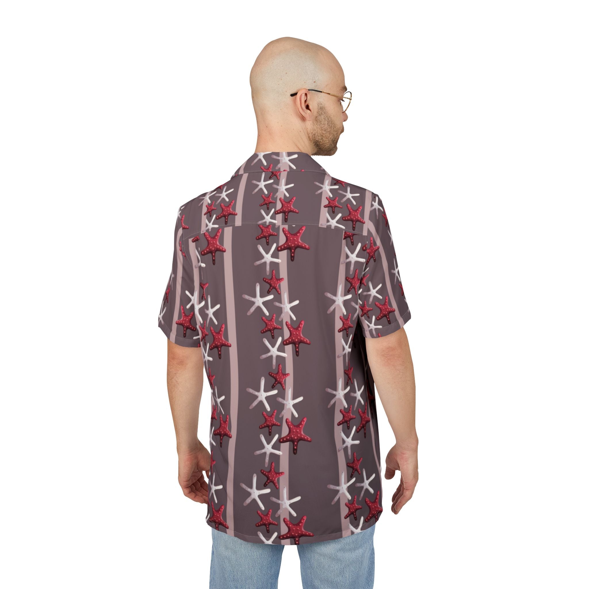Men's Hawaiian Shirt Estrellas marinas en patrón de rayas armoniosas