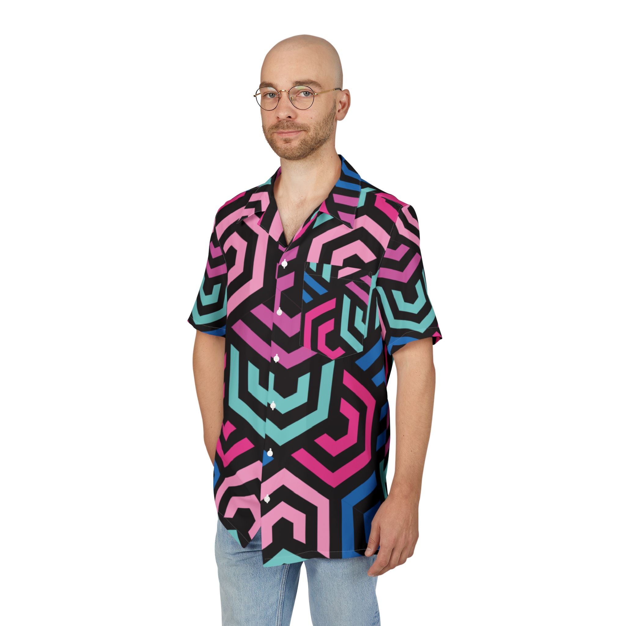 Men's Hawaiian Shirt Laberinto Cromático en Rosa y Azul