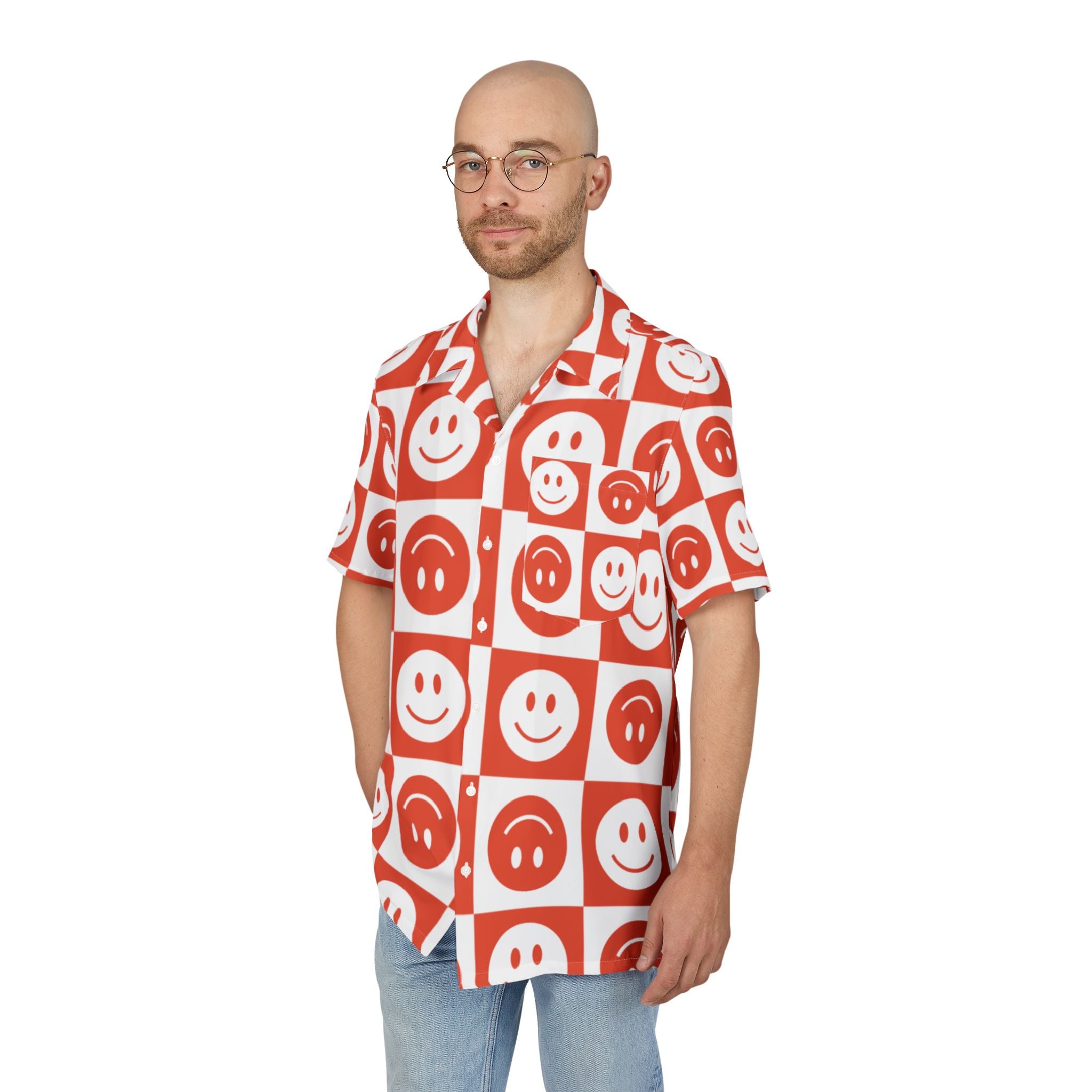 Men's Hawaiian Shirt Sonrisas en Rojo y Blanco: Un Mosaico de Alegría