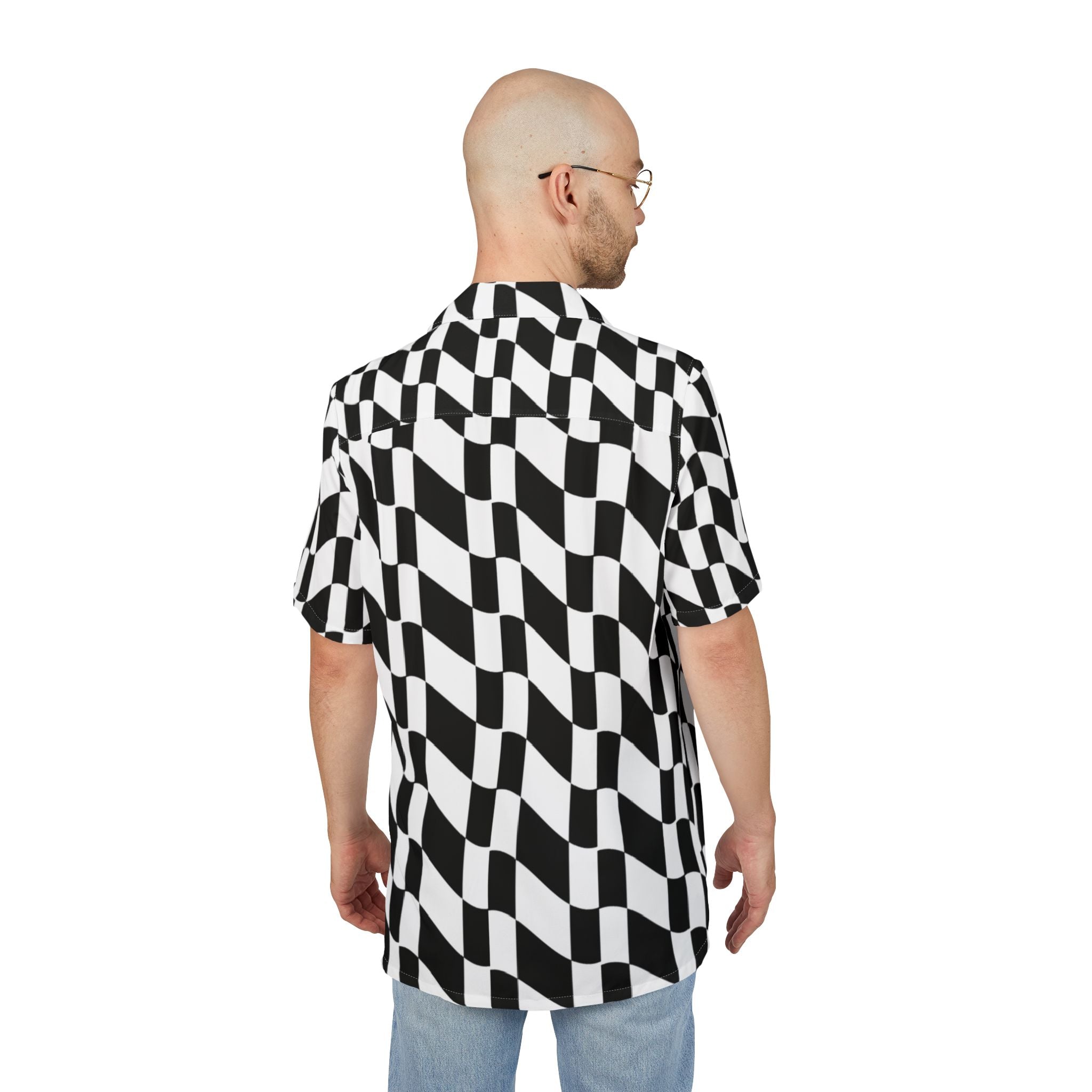Men's Hawaiian Shirt Olas de Contraste: Ritmo Visual en Blanco y Negro