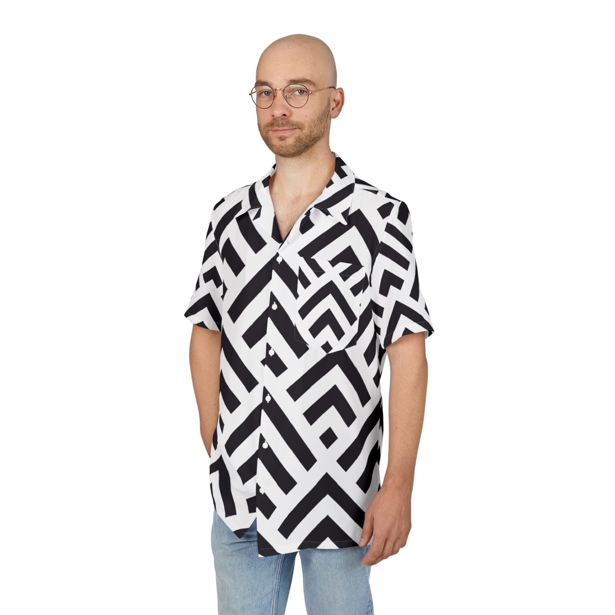 Men's Hawaiian Shirt Laberinto de Flechas en Blanco y Negro