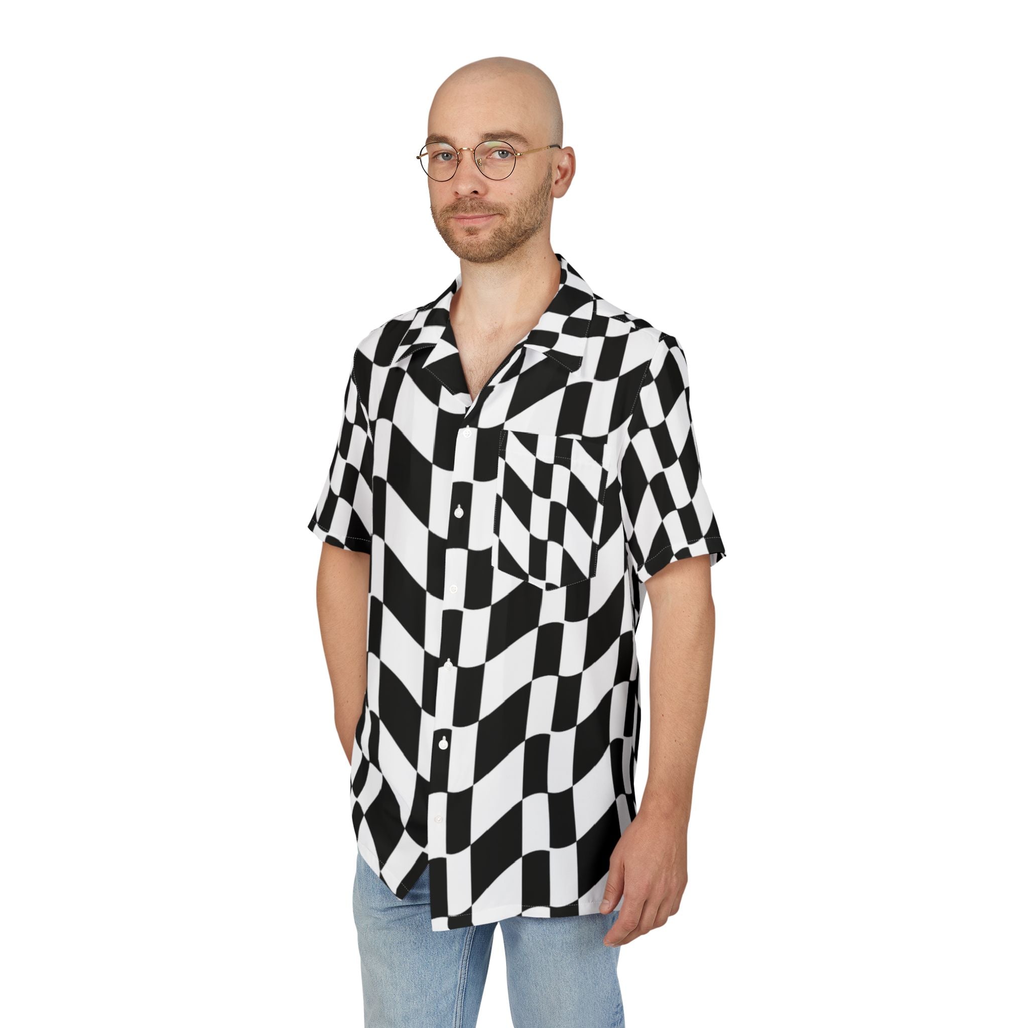 Men's Hawaiian Shirt Olas de Contraste: Ritmo Visual en Blanco y Negro