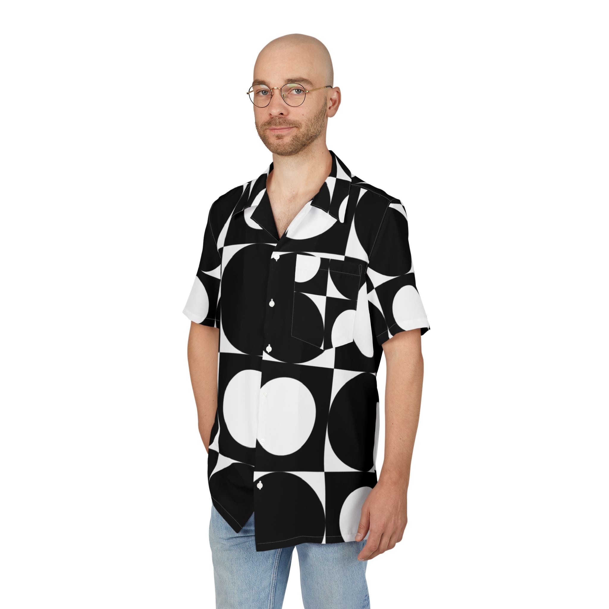 Men's Hawaiian Shirt Contraste Cíclico en Blanco y Negro