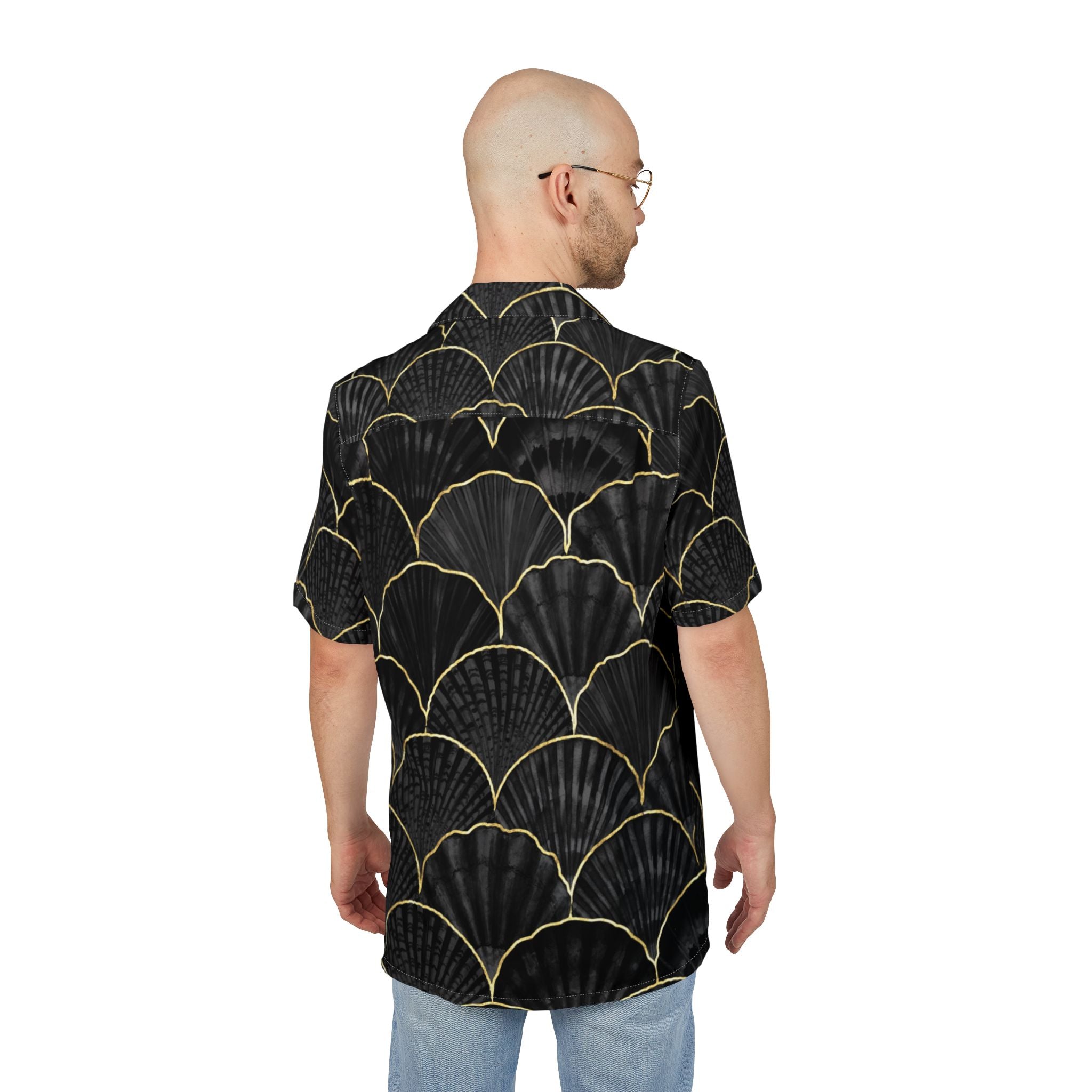 Men's Hawaiian Shirt Marea de abanicos oscuros en un mar dorado
