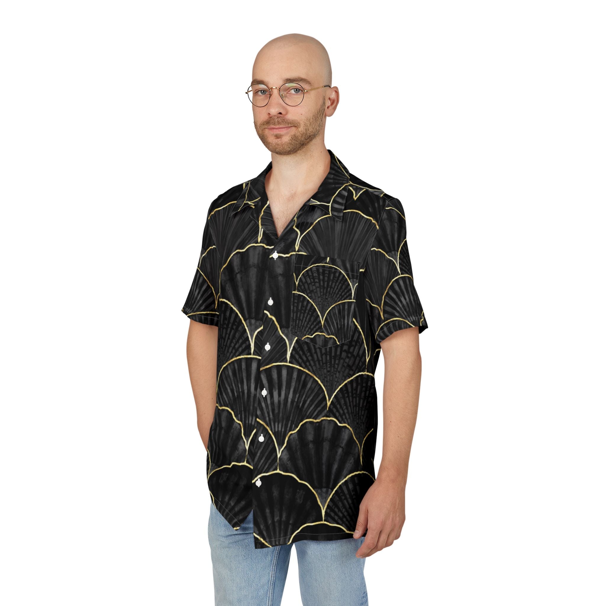 Men's Hawaiian Shirt Marea de abanicos oscuros en un mar dorado
