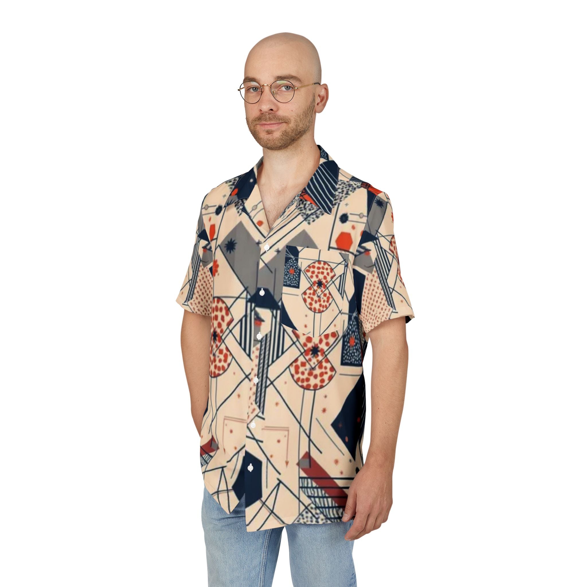Men's Hawaiian Shirt Geometría abstracta y ecléctica en tonos rojos y azules