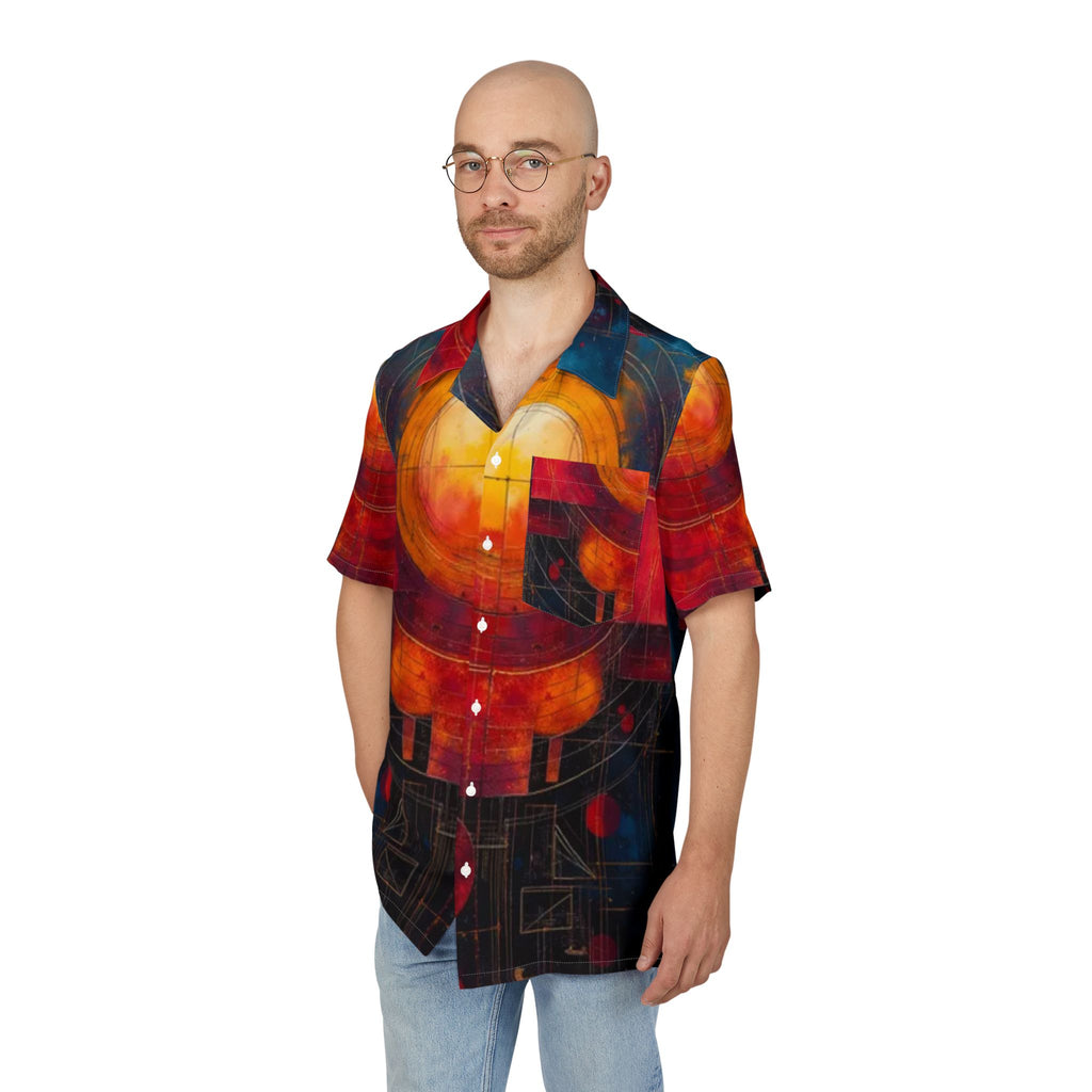 Men's Hawaiian Shirt Orbitas de Fuego en la Profundidad Cósmica