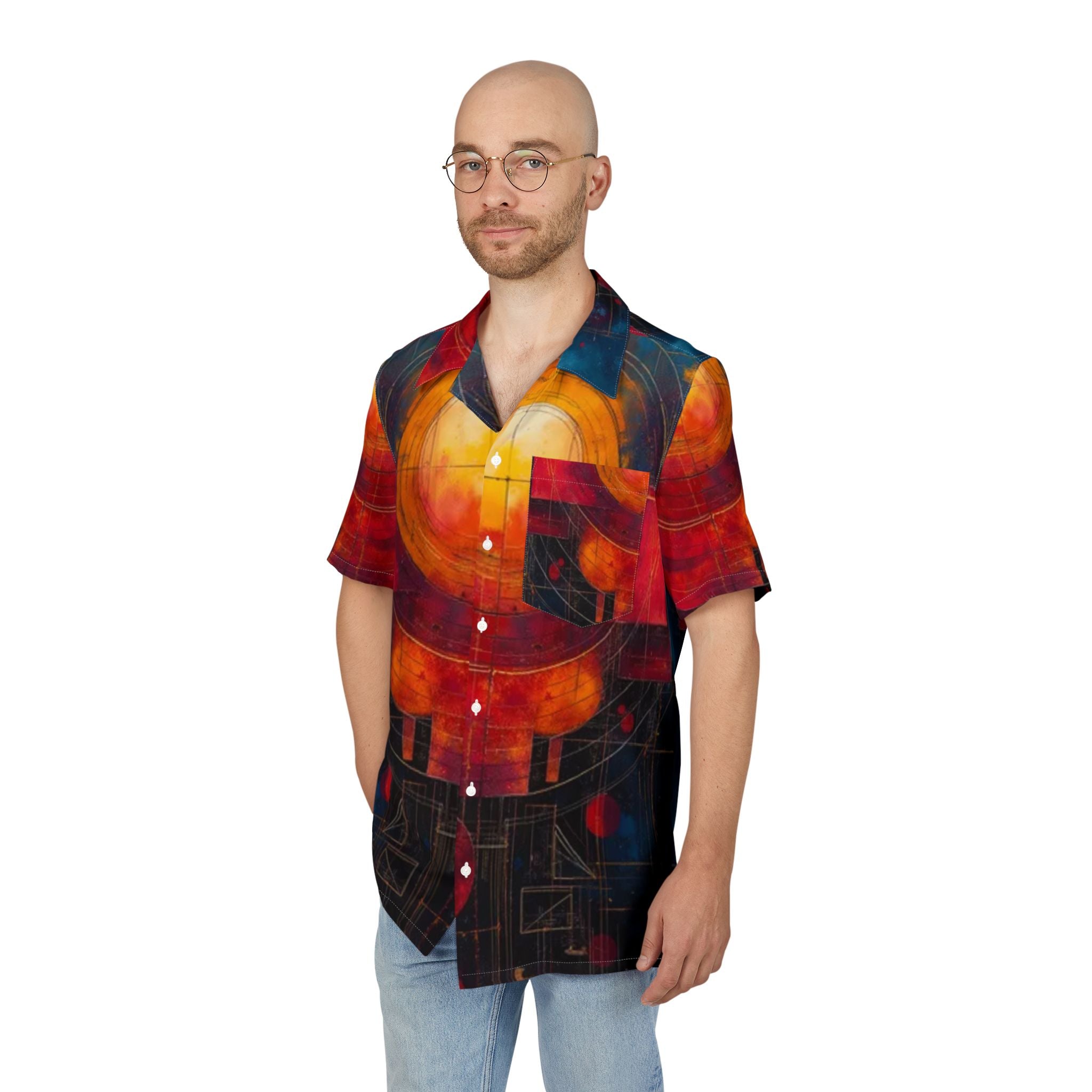 Men's Hawaiian Shirt Orbitas de Fuego en la Profundidad Cósmica